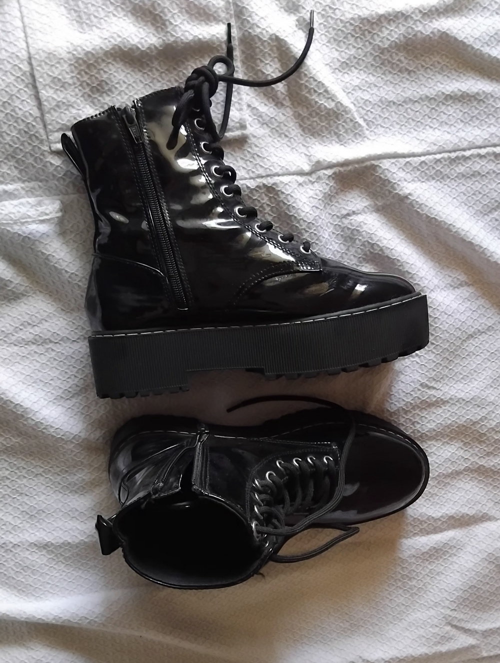 Divided Black Patent Lace-Up Platform Ankle Boots
